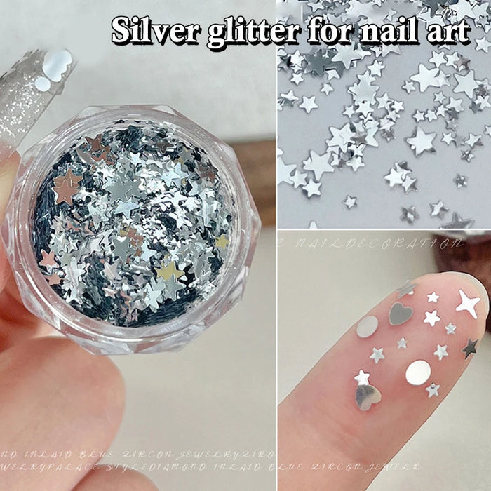 1 Box 3D Mini Nail Art Charms Round Heart Star Sequin Flakes Silvery Shiny Accessories For Manicure