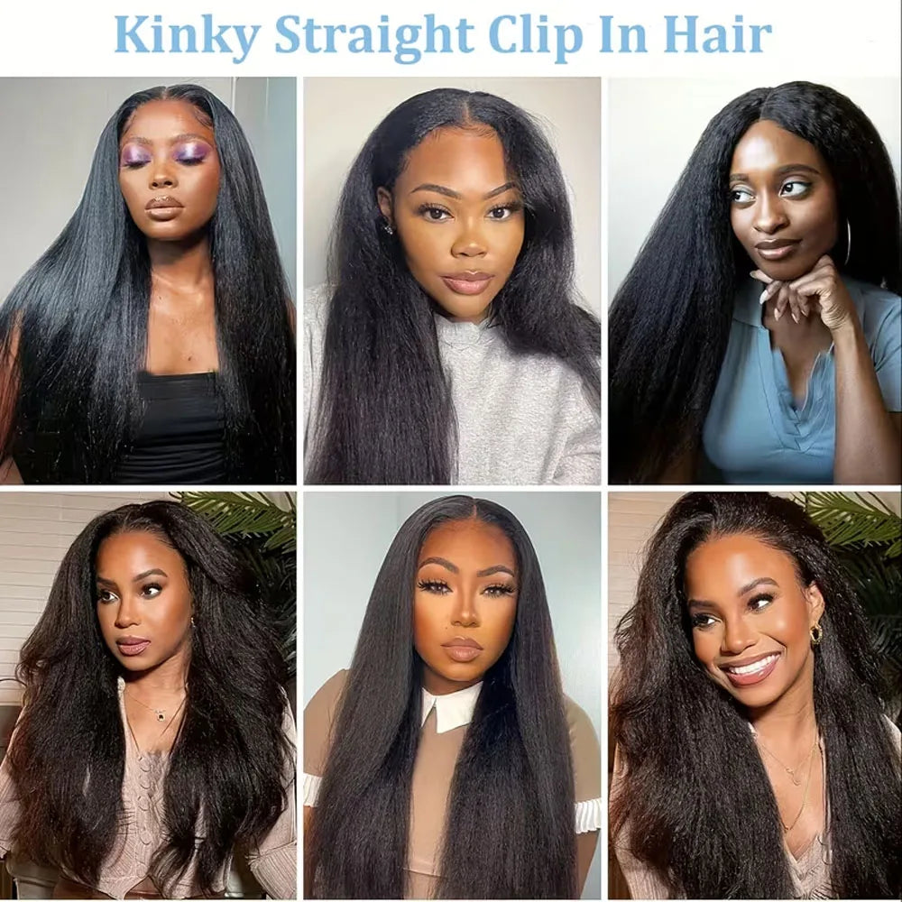 Kinky Straight Clip-In Human Hair Extensions Brazilian Remy 8-Piece Set
