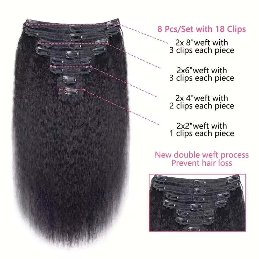 Kinky Straight Clip-In Human Hair Extensions Brazilian Remy 8-Piece Set