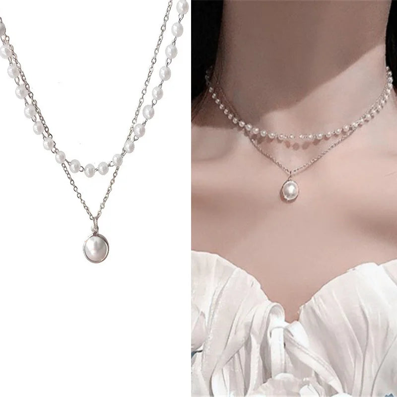 New Korean Pearl Necklaces for Women Gold Color Link Chain Choker Fashion Neck Accessories Elegant Collar Bijoux Femme
