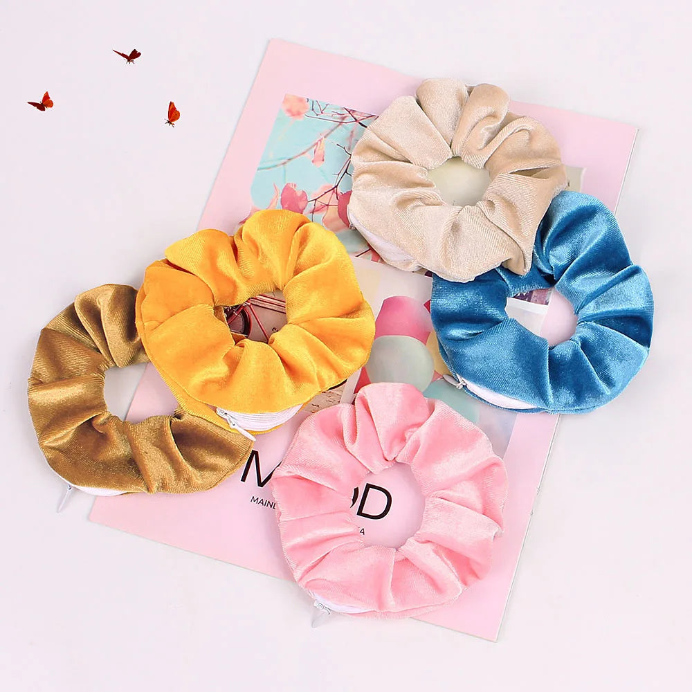 Velvet Pocket Wallet Hair Scrunchie Retro Zipper Elastic Hair Band