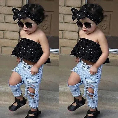 Toddler Baby Girls Black Blouse Top & Denim Pants Outfit Set