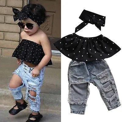 Toddler Baby Girls Black Blouse Top & Denim Pants Outfit Set