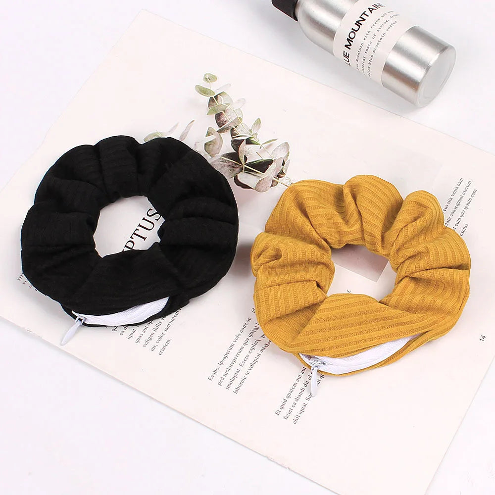 Velvet Pocket Wallet Hair Scrunchie Retro Zipper Elastic Hair Band