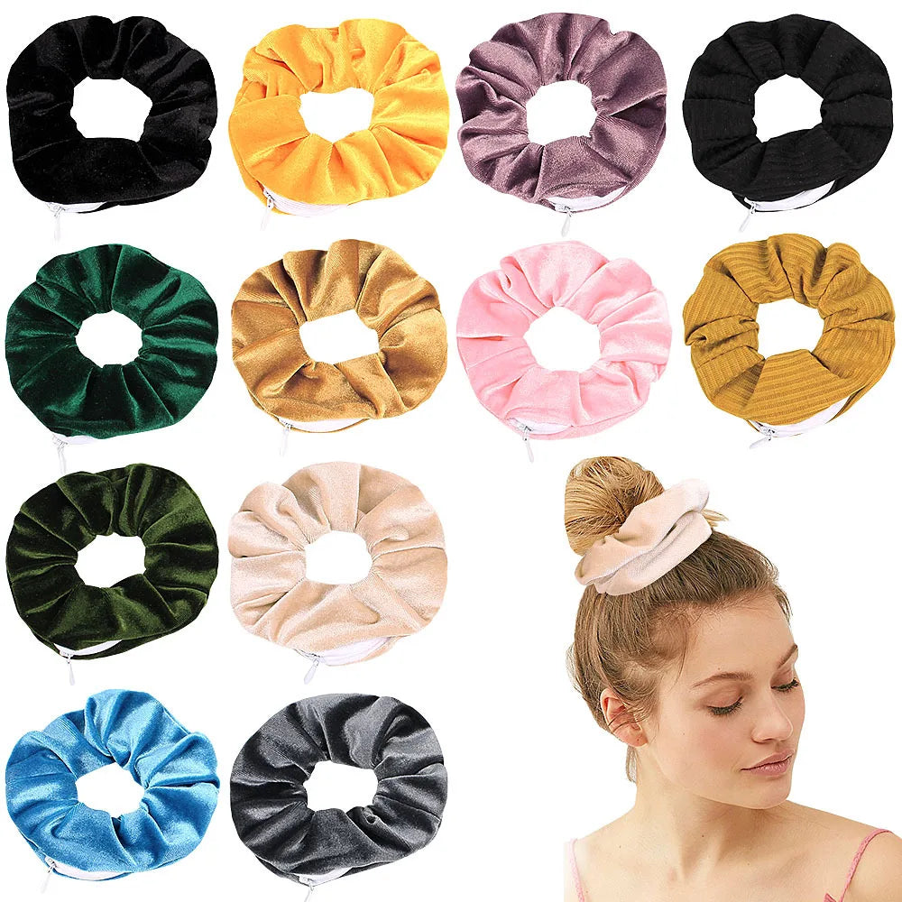 Velvet Pocket Wallet Hair Scrunchie Retro Zipper Elastic Hair Band