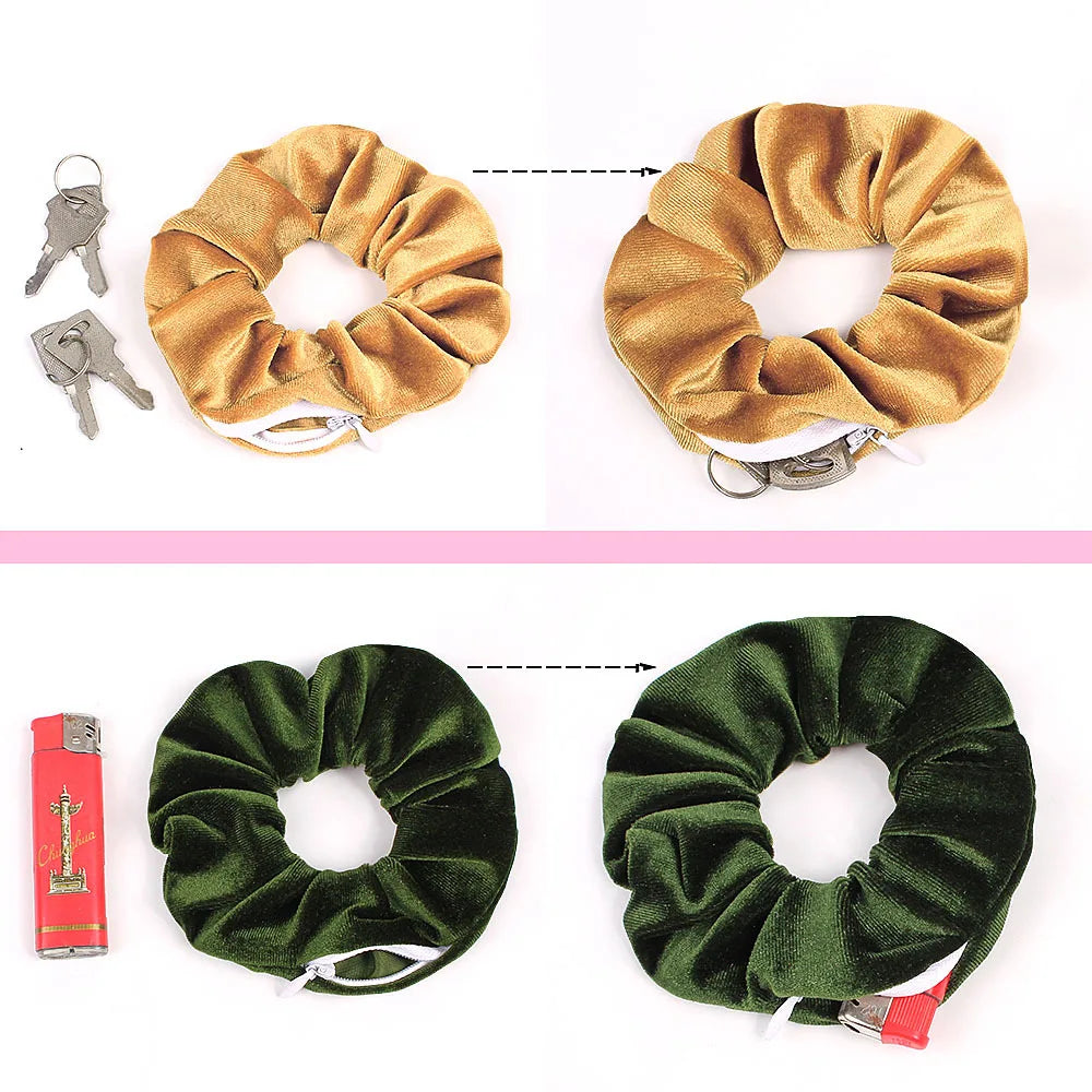 Velvet Pocket Wallet Hair Scrunchie Retro Zipper Elastic Hair Band