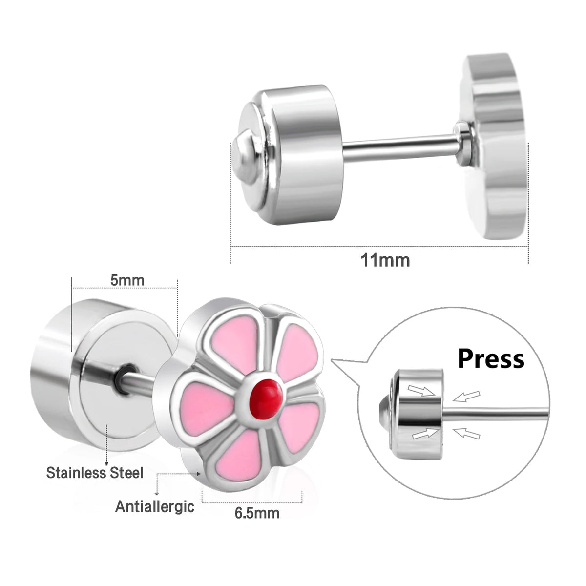LUXUSTEEL Pink Flower Stud Earrings For Women Stainless Steel Oil Dripping Heart Star Bu detail view