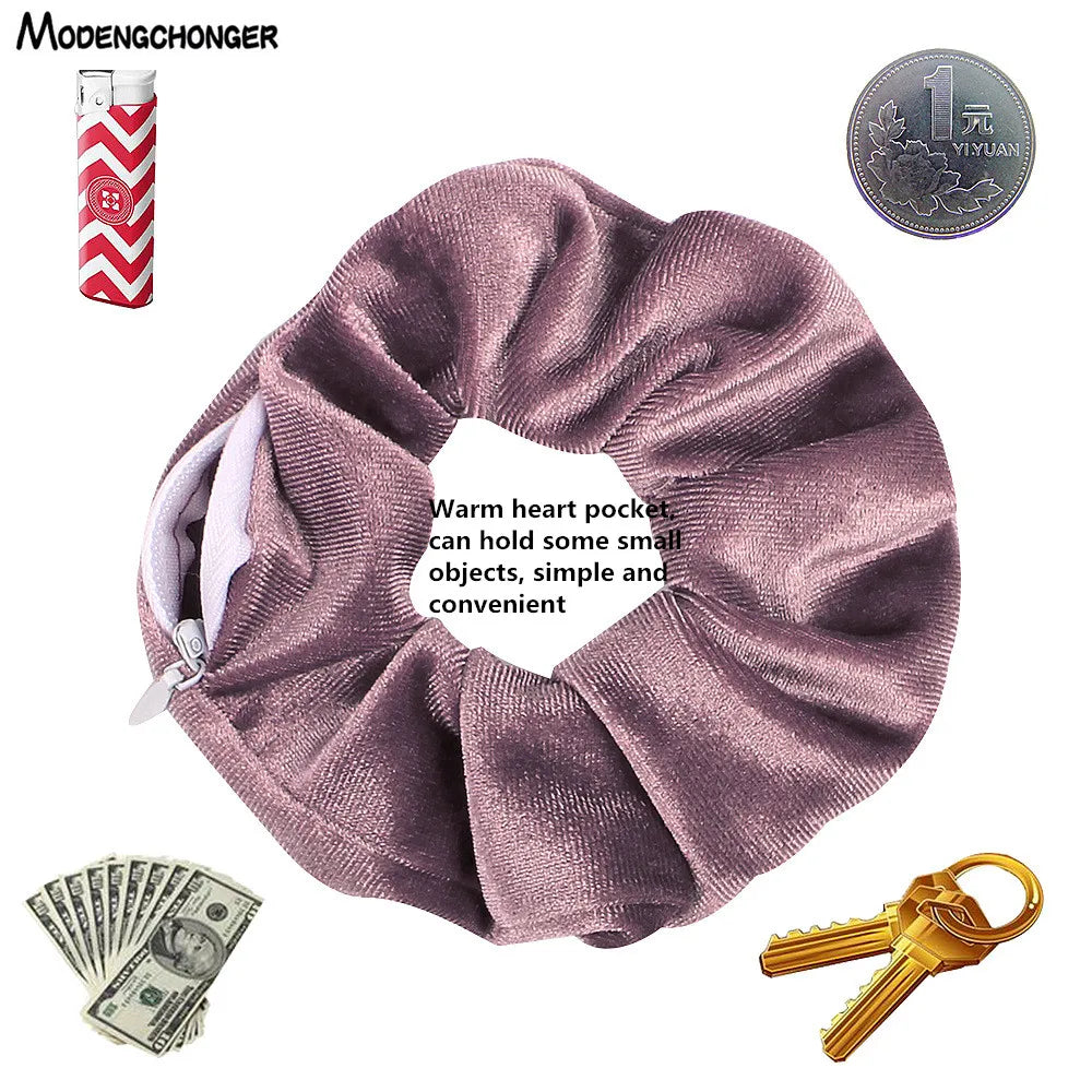 Velvet Pocket Wallet Hair Scrunchie Retro Zipper Elastic Hair Band