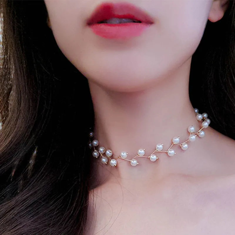 New Korean Pearl Necklaces for Women Gold Color Link Chain Choker Fashion Neck Accessories Elegant Collar Bijoux Femme