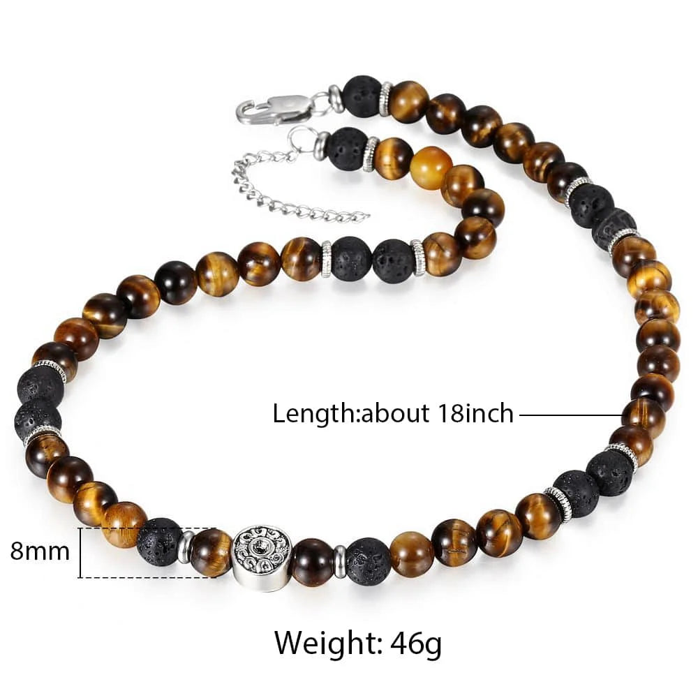 8mm Lava Tiger Eye Stone Beaded Chain Necklace Stainless Steel Men