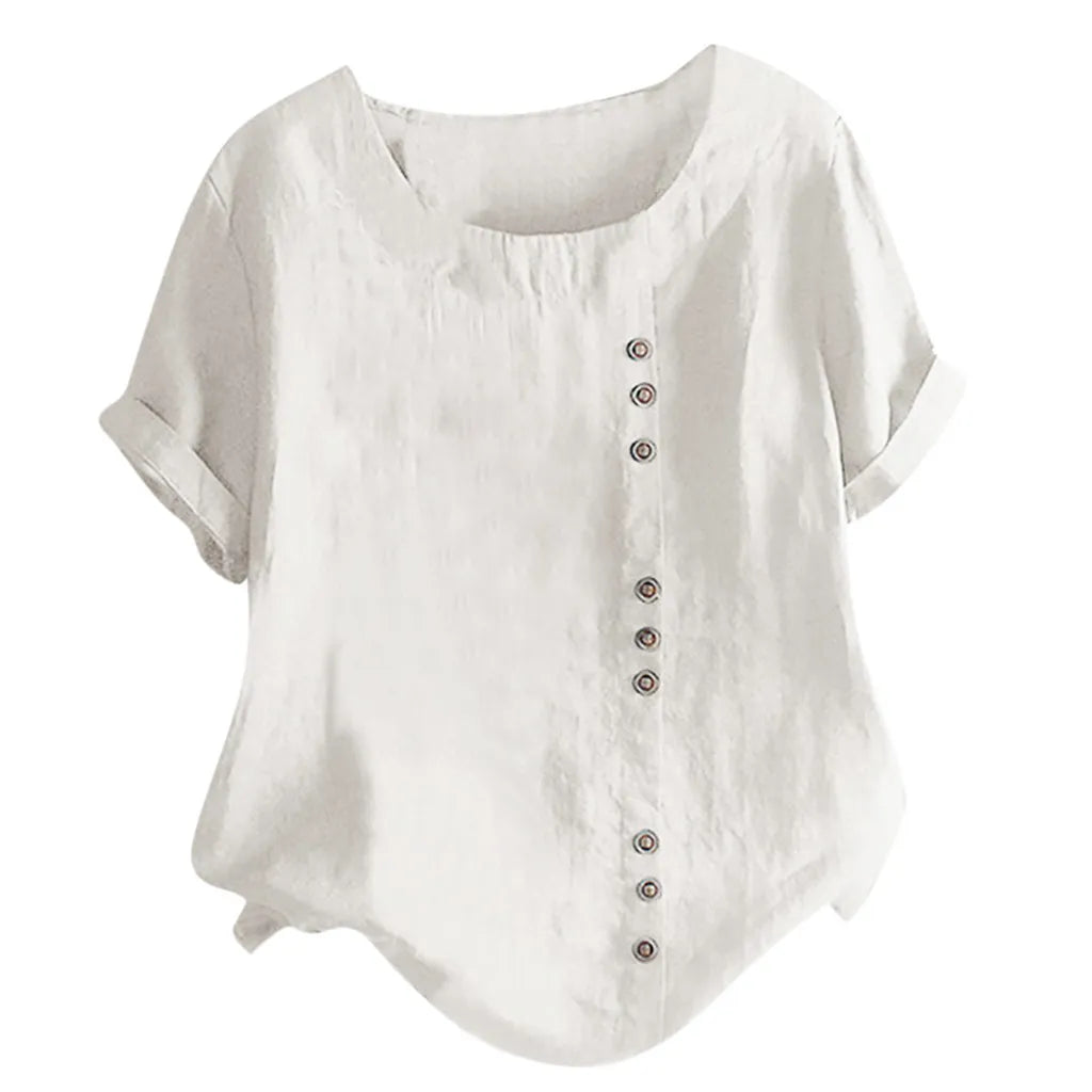 Women's Cotton Linen Short Sleeve Button Blouse Loose Summer Top