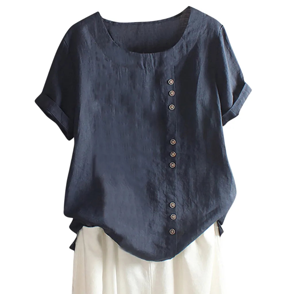 Women's Cotton Linen Short Sleeve Button Blouse Loose Summer Top
