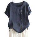 Women's Cotton Linen Short Sleeve Button Blouse Loose Summer Top
