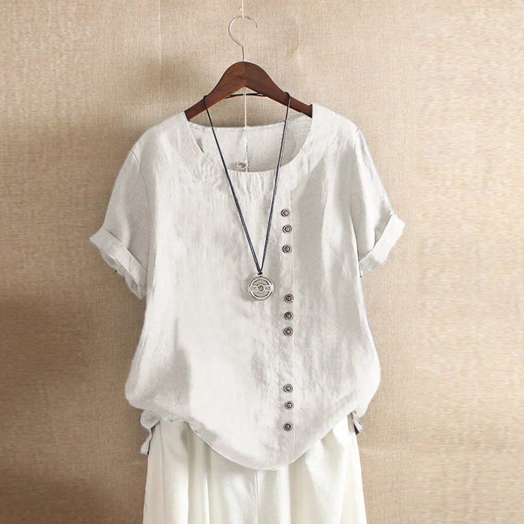 Women's Cotton Linen Short Sleeve Button Blouse Loose Summer Top