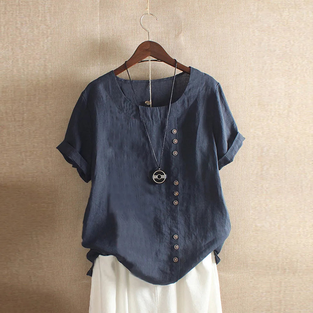 Women's Cotton Linen Short Sleeve Button Blouse Loose Summer Top