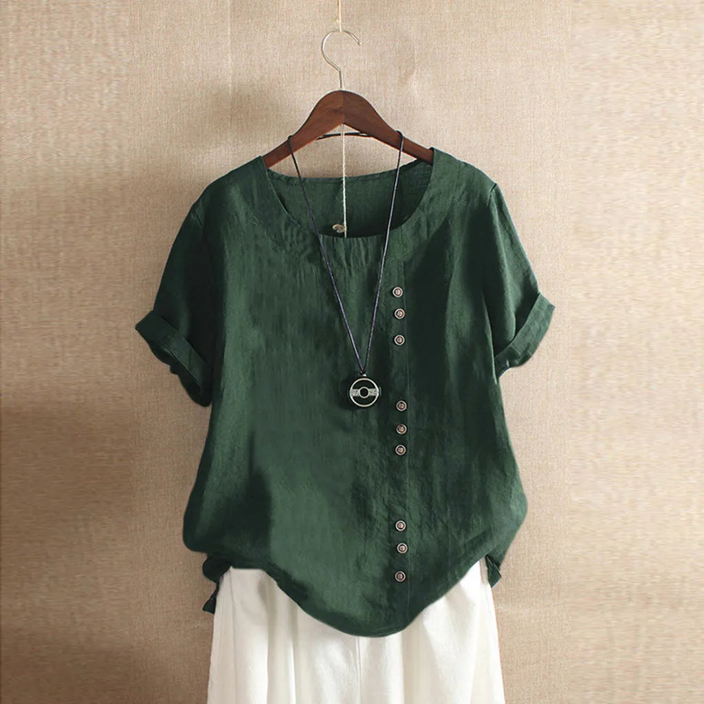 Women's Cotton Linen Short Sleeve Button Blouse Loose Summer Top