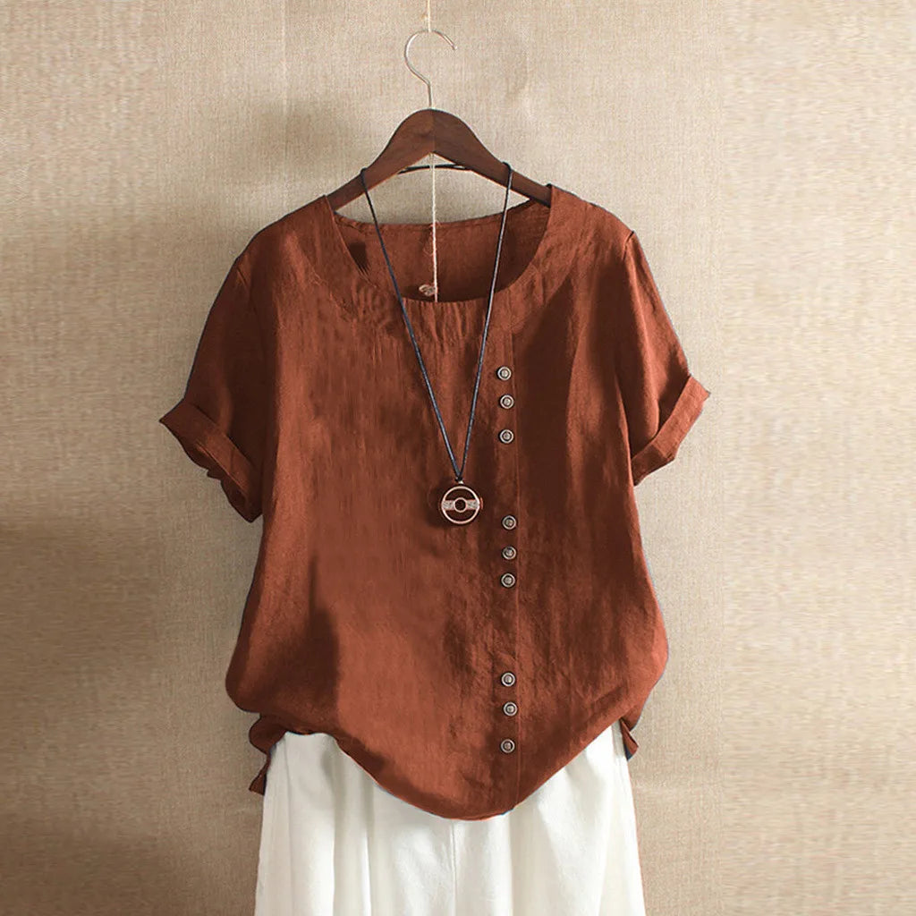 Women's Cotton Linen Short Sleeve Button Blouse Loose Summer Top
