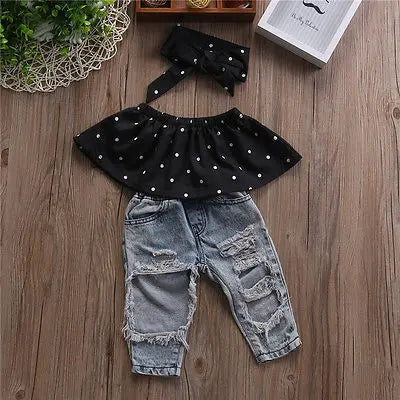 Toddler Baby Girls Black Blouse Top & Denim Pants Outfit Set