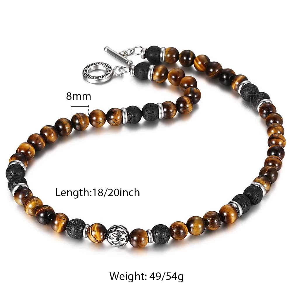 8mm Lava Tiger Eye Stone Beaded Chain Necklace Stainless Steel Men