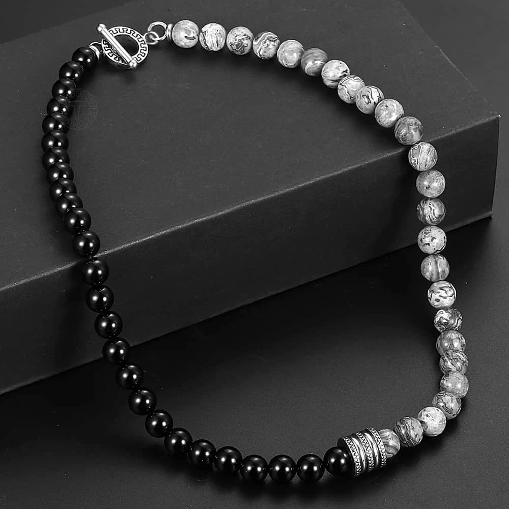 8mm Lava Tiger Eye Stone Beaded Chain Necklace Stainless Steel Men