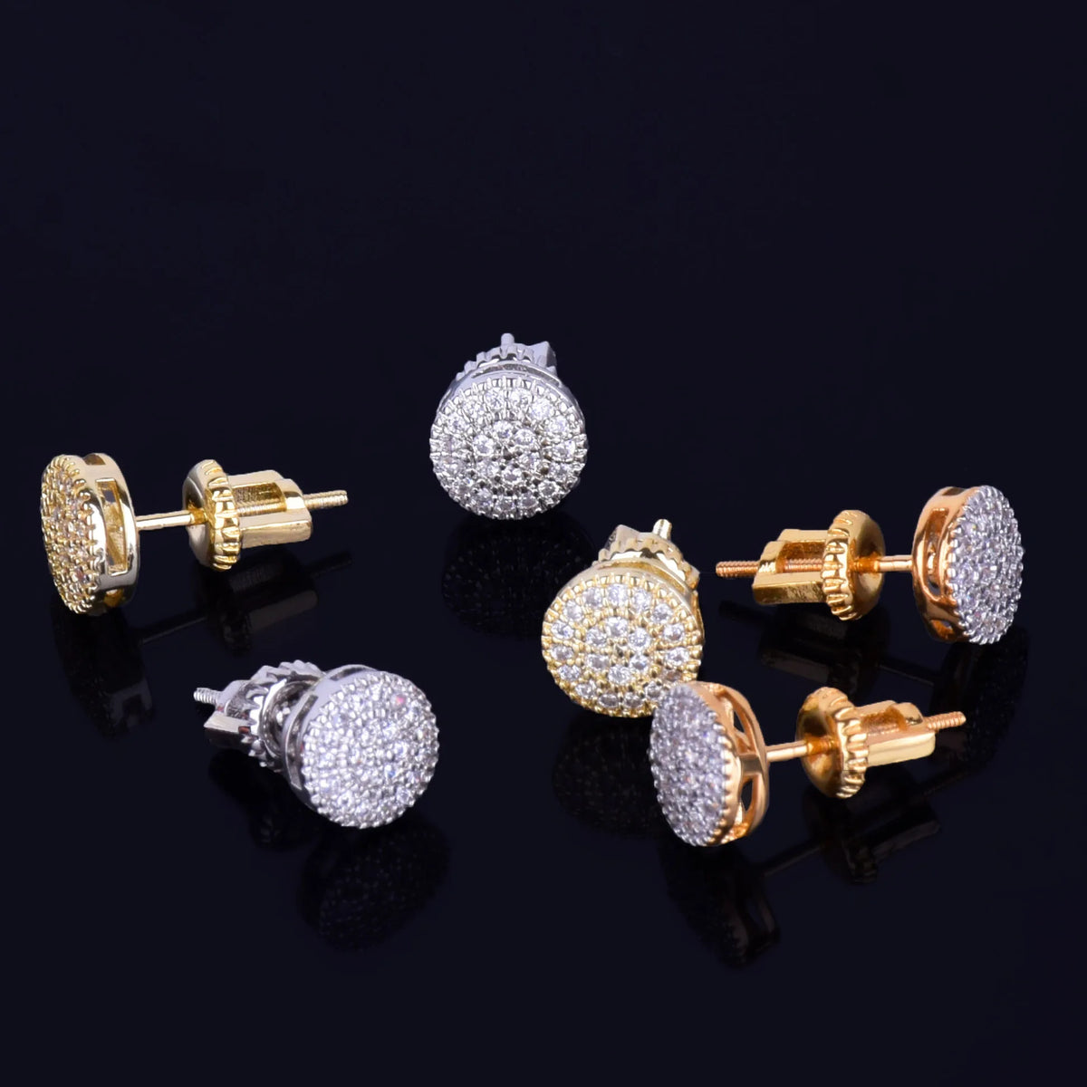 8mm Gold Round Stud Earring Cubic Zirconia Screw Back