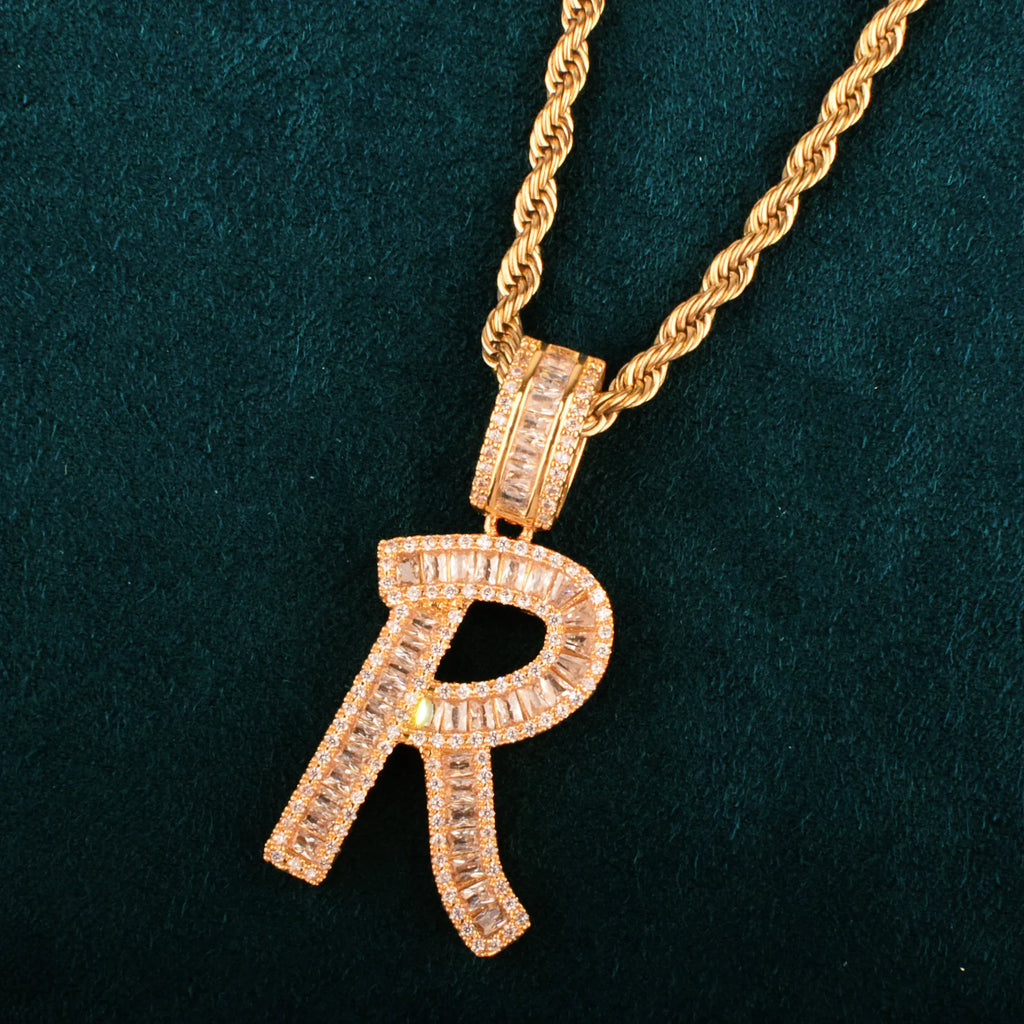 Initials Letters Pendant Necklace Rope Chain Gold Zirconia