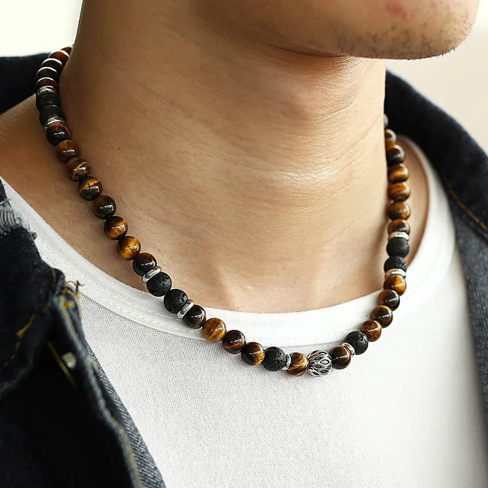 8mm Lava Tiger Eye Stone Beaded Chain Necklace Stainless Steel Men