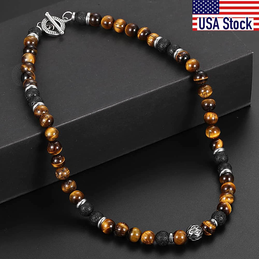 8mm Lava Tiger Eye Stone Beaded Chain Necklace Stainless Steel Men