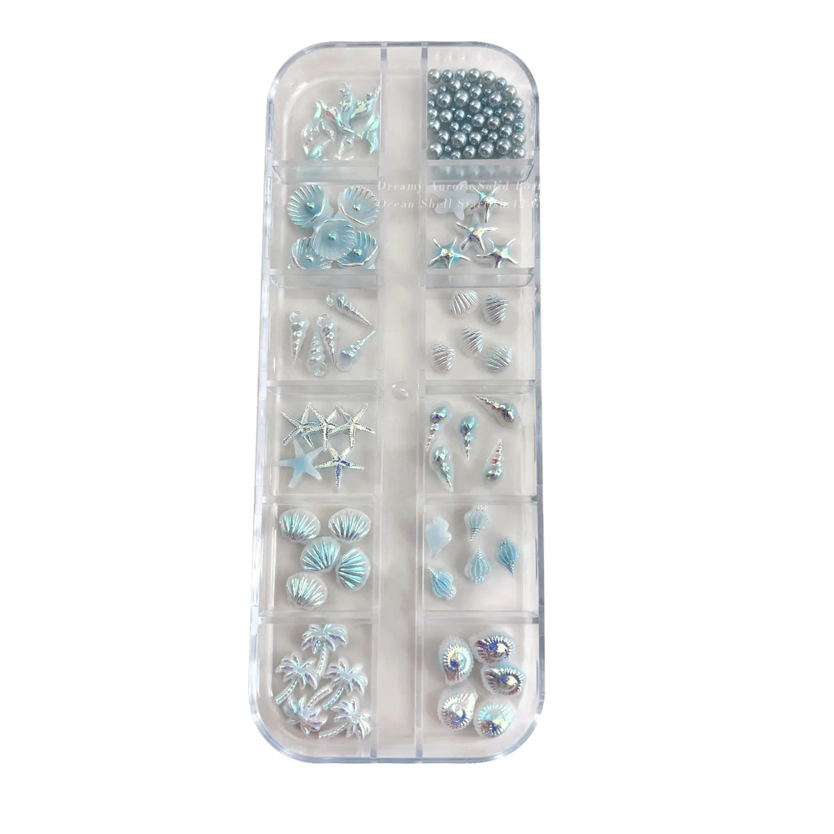 12 Grids Aurora AB White Blue Starfish Shell Conch Coconut Tree Pearl Nail Rhinestones Decorations Manicure Ocean Life Charms