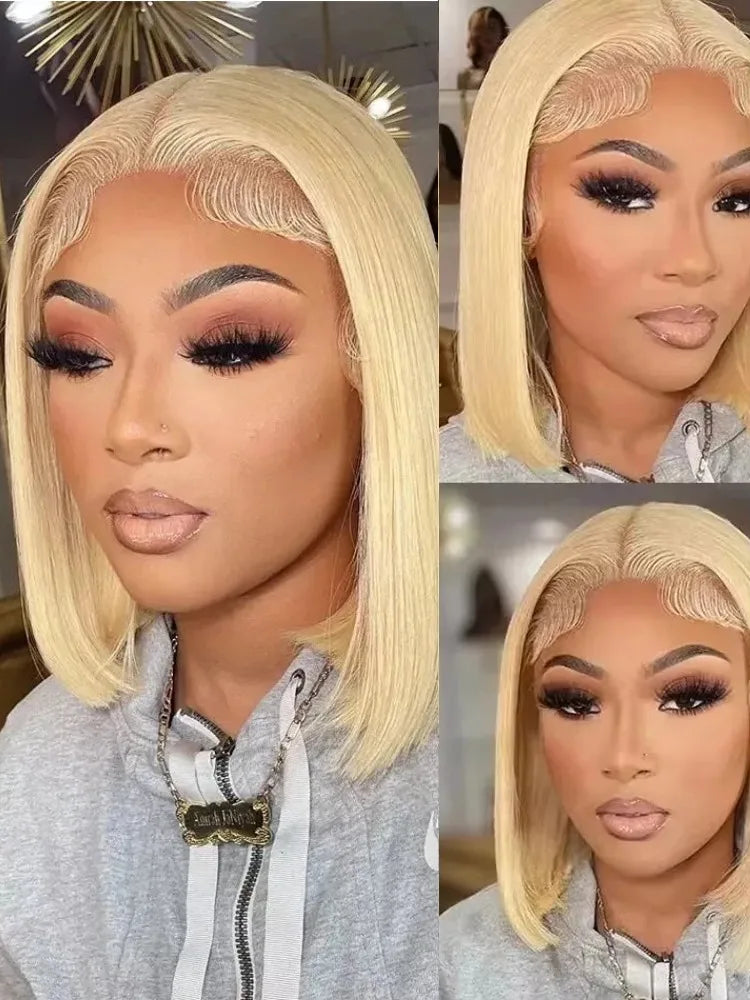 13x4 13x6 613 HD Blonde Bob Hair Wig Human Hair Lace Frontal close-up view