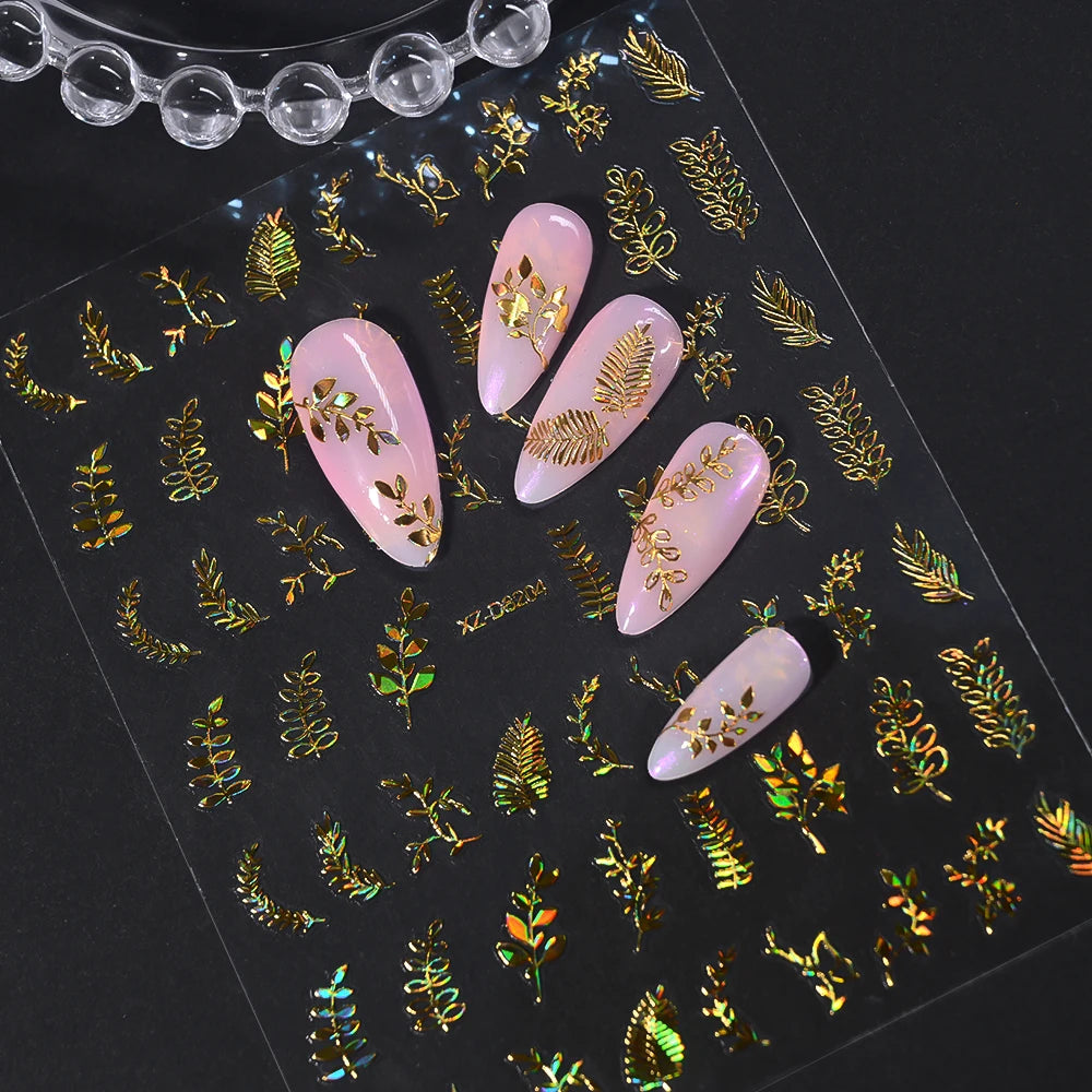 Gold Leaf Nail Stickers 3D Self-Adhesive Flower Decals 12pcs