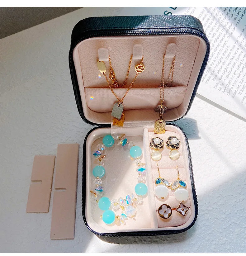 Portable Mini Jewelry Travel Case PU Leather Organizer Box for Earrings and Necklaces close-up view