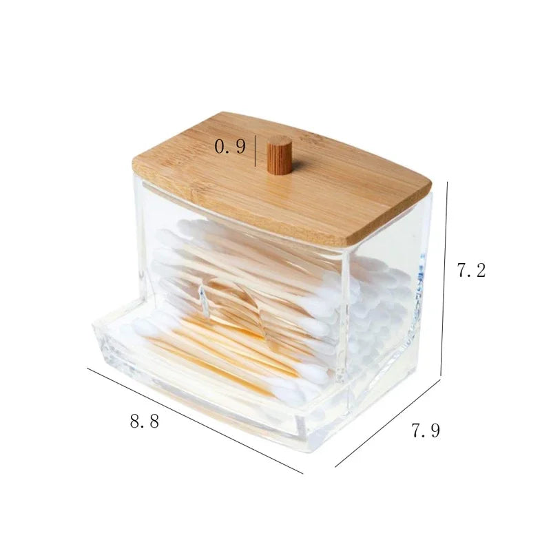 Transparent Cotton Swab Storage Box with Bamboo Cover close-up view