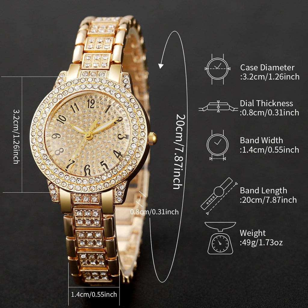 Women's Full Diamond Gold Analog Quartz Watch Jewelry Set close-up view