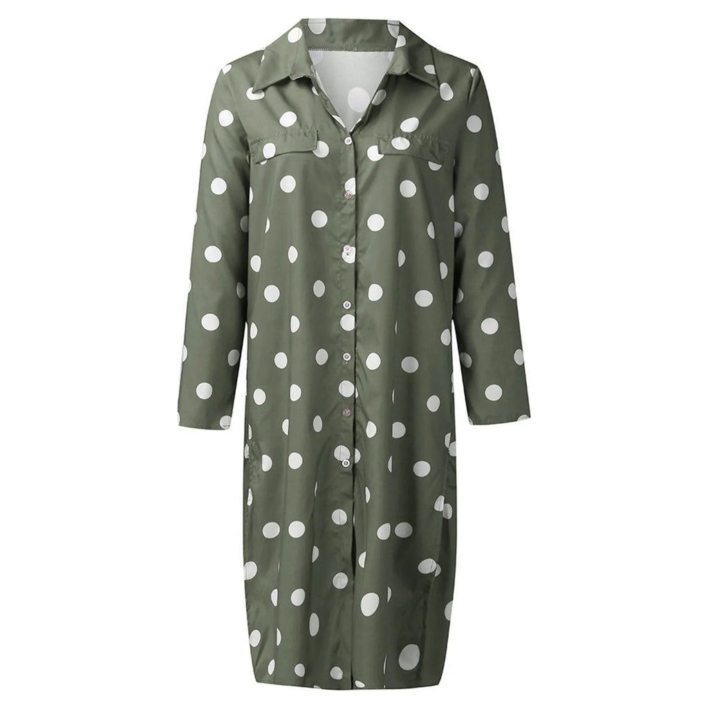 Women's Polka Dot Maxi Dress Button Up Split Flowy Long Sleeve