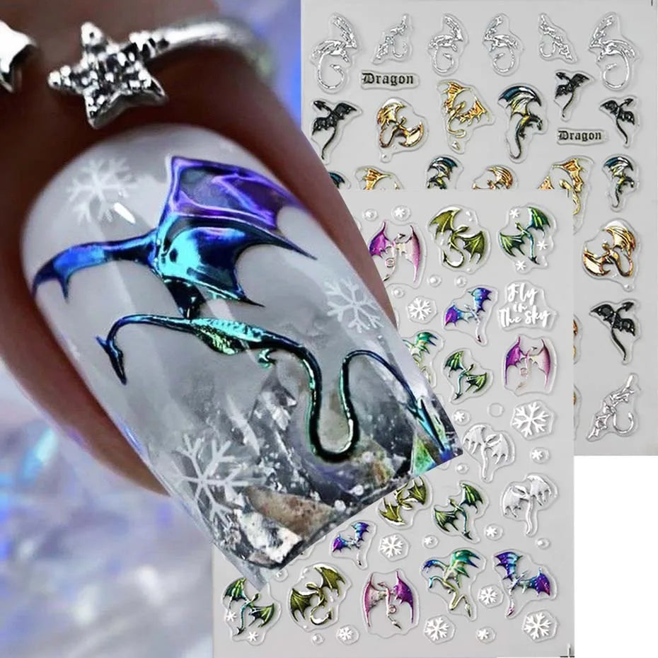1/2pcs 5D Embossed Metallic Colorful Dragon Nail Stickers Snowflakes Self-Adhesive DIY Nail Decals Sliders Manicure Decorations