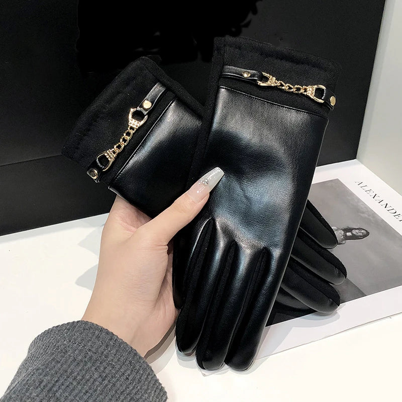 Women's Winter Knit Gloves Synthetic Leather Fleece Lined Touchscreen