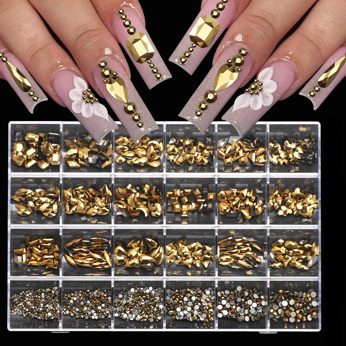 1 Box 3D Nail Diamond Kit, 24 AB Crystal Gem Grids, Multi-Shaped Nail Art