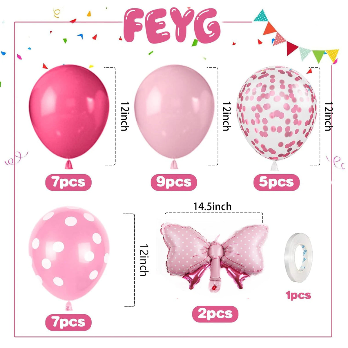 31Pcs/12inch Pink Bow Balloons,Hot Pink Rose Dots Bow Foil Balloon and Confetti Balloons with Ribbon, Girls Birthday Baby Shower