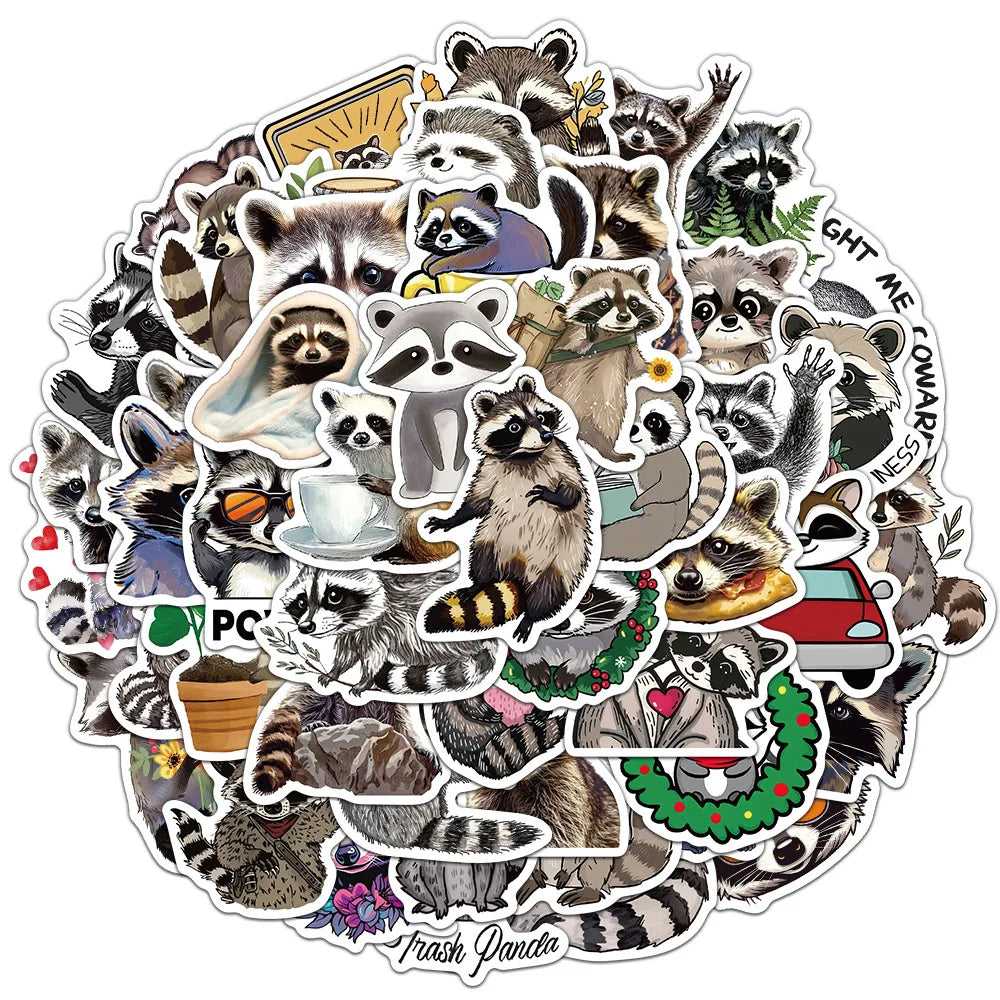 50 Pcs Cartoon Raccoon Stickers Cute Animal Waterproof