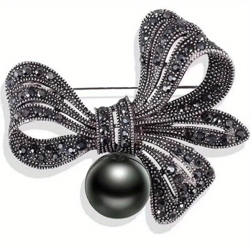 Rhinestone Black Flower Bow Tie Brooches for Women Vintage Elegant Large Brooch Pin Winter Coat Sweater Broches High Quality