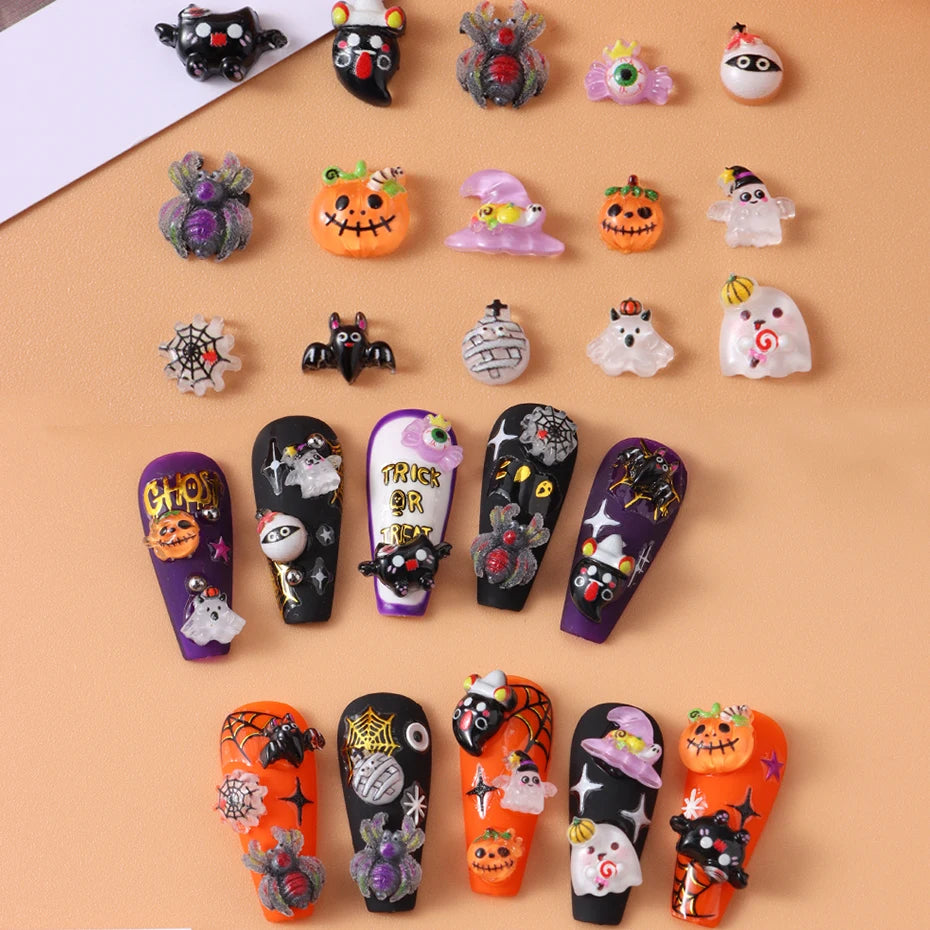 Resin Halloween Nail Charms Bat Pumpkin Ghost Spider Web