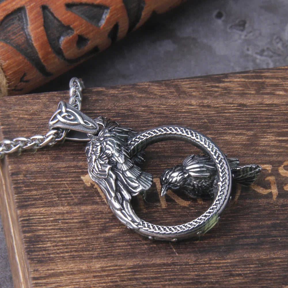 Odin Huginn and Muninn Raven Pendant Necklace Stainless Steel Viking