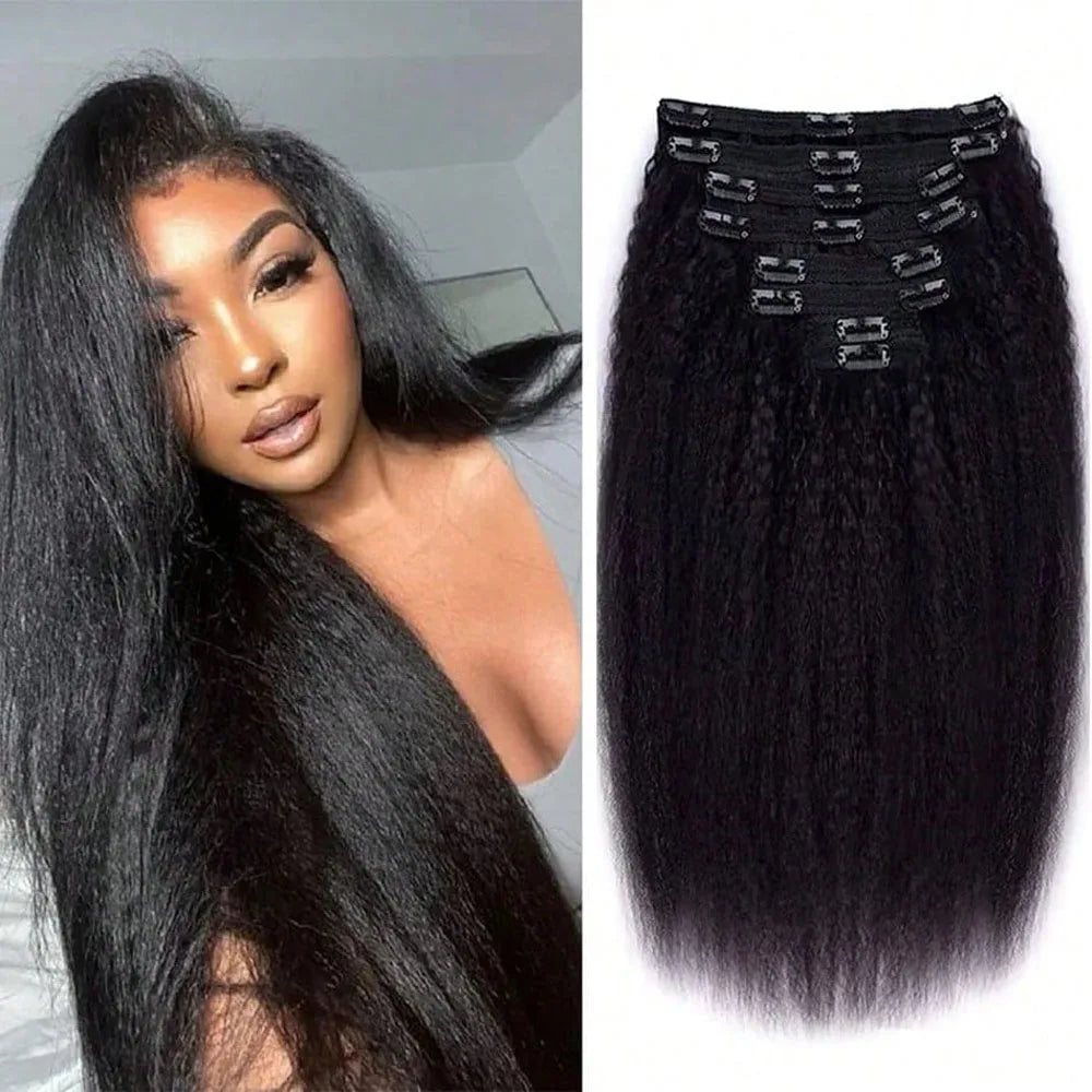Kinky Straight Clip-In Human Hair Extensions Brazilian Remy 8-Piece Set