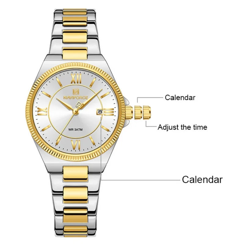 NAVIFORCE Casual for Daily Dress Women Quartz Watch 3ATM Waterproof Date Display Stainless Steel  Lady Wristwatch Package Gifts