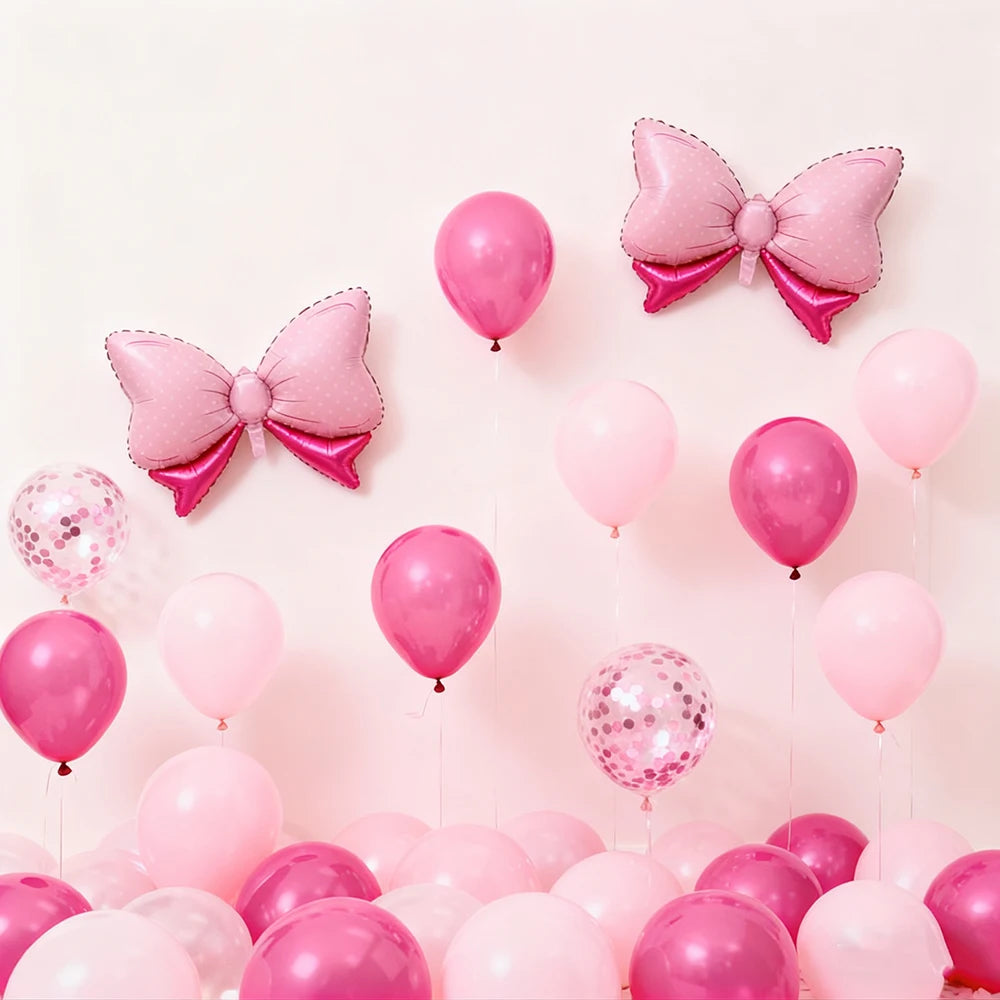 31Pcs/12inch Pink Bow Balloons,Hot Pink Rose Dots Bow Foil Balloon and Confetti Balloons with Ribbon, Girls Birthday Baby Shower