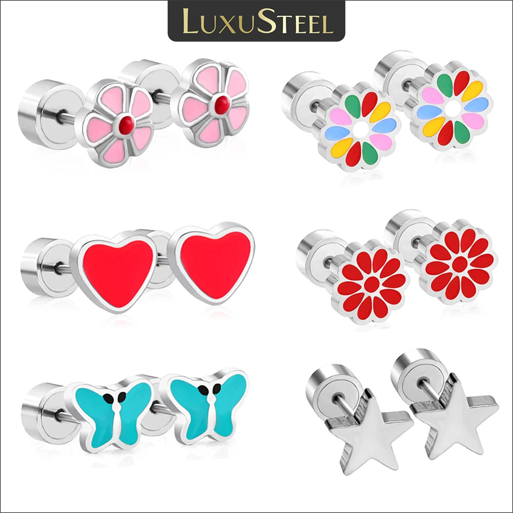 LUXUSTEEL Pink Flower Stud Earrings For Women Stainless Steel Oil Dripping Heart Star Butterfly Earr