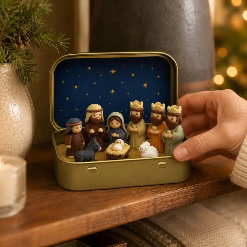 Pocket-Sized Nativity Scene Small Statue, Metal Box, mini Portable Religious desktop Decoration and Christmas Christian Keepsake