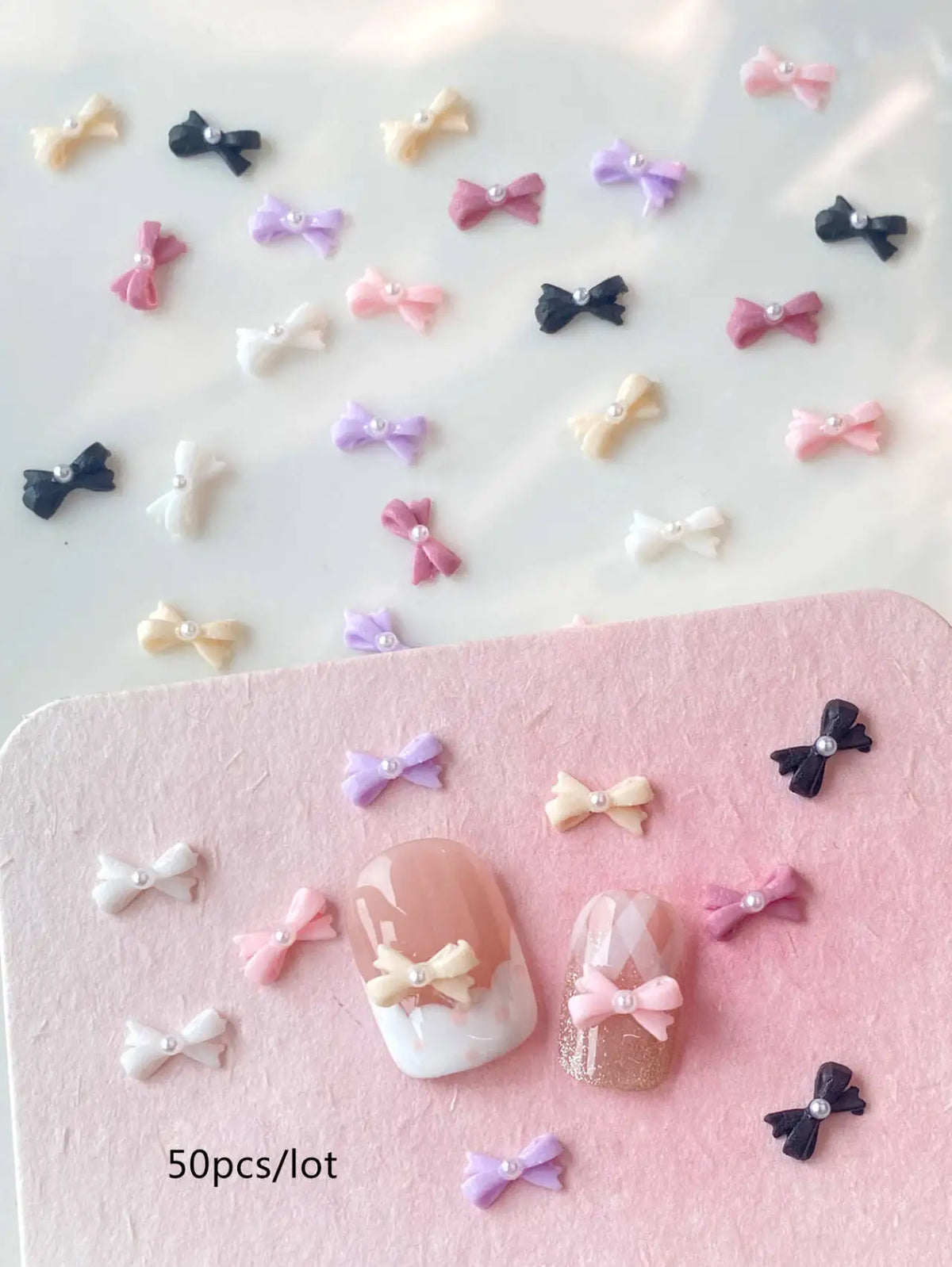 50pcs Mix Color Bow with Pearl Korea Style Nail Art Charms 3D Pink Black White Bowknot Nail Accessories DIY Design