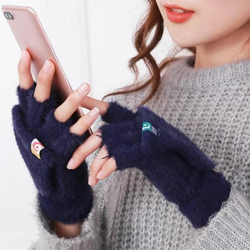 Women Winter Fingerless Gloves Soft Warm Thickened Plush